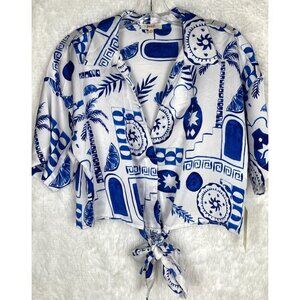 NWT Peach Medium Blue & White Short Sleeve Crop Top Waist Tie Collared V-Neck